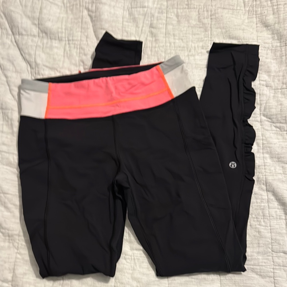 Lululemon Black Leggings with Pink and Gray Accents
